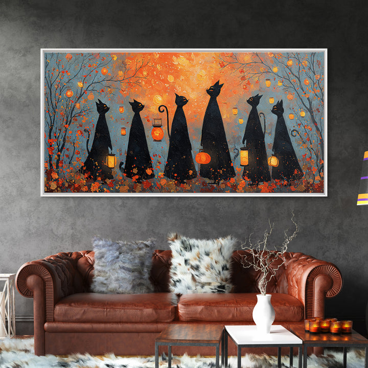 The Moonlit Cat Masquerade - Procession Scene, Spooky Wall Decor, Wide Panoramic Art, Framed Canvas Print, Halloween Home Decor