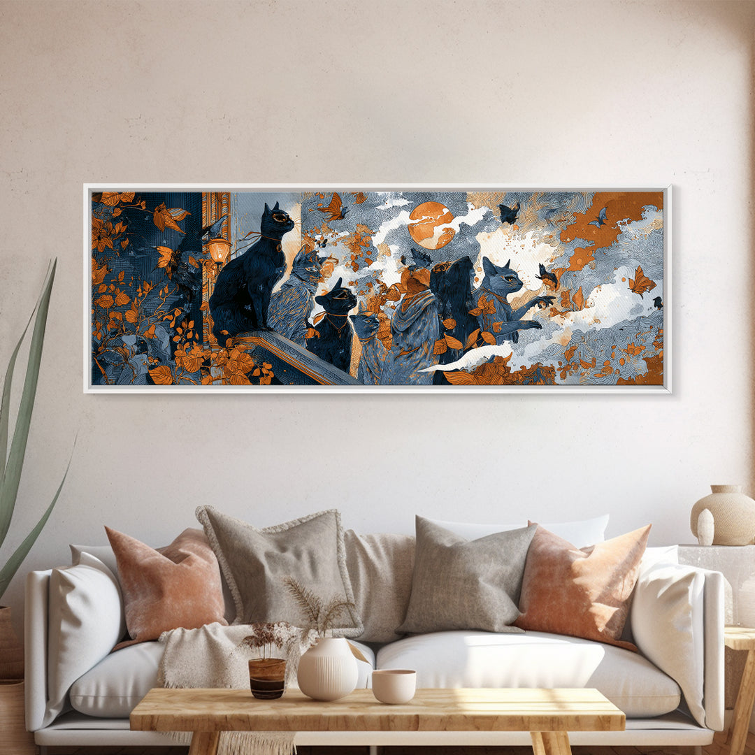 The Moonlit Cat Masquerade - Procession Scene, Halloween Wall Art, Extra Wide Wall Art, Framed Canvas Print, Halloween Home Decor