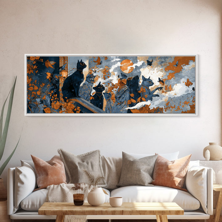 The Moonlit Cat Masquerade - Procession Scene, Halloween Wall Art, Extra Wide Wall Art, Framed Canvas Print, Halloween Home Decor
