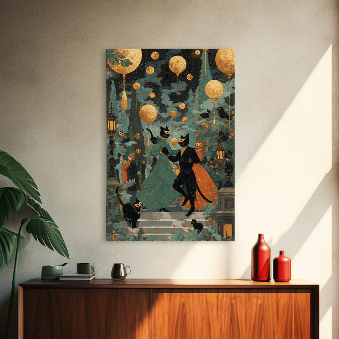 The Moonlit Cat Masquerade - Surreal Celestial Vision, Spooky Wall Decor, Vertical Wall Art, Framed Canvas Print, Halloween Home Decor