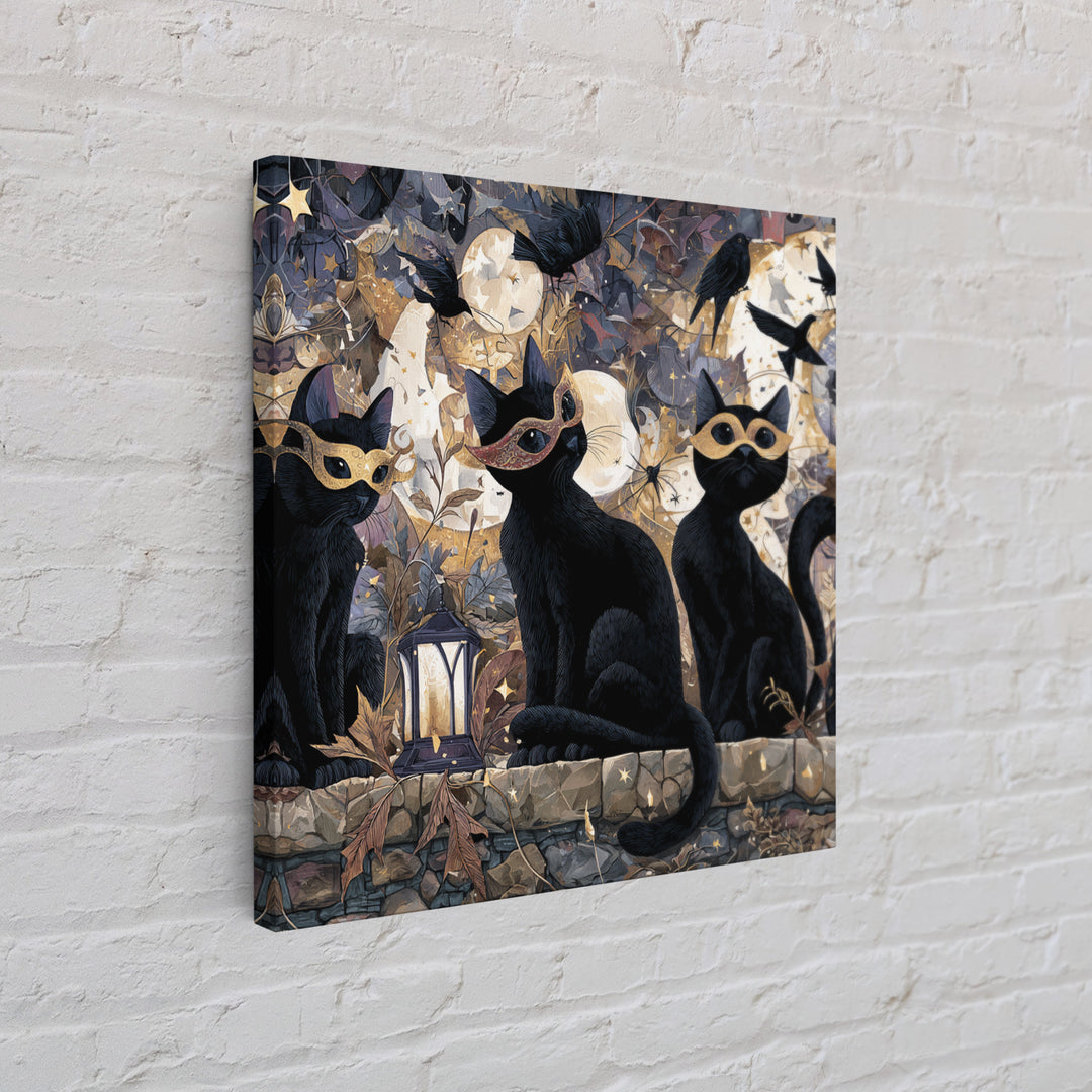 The Moonlit Cat Masquerade - Surreal Celestial Vision, Occult Wall Decor, Square Wall Art, Canvas Print, Halloween Home Decor