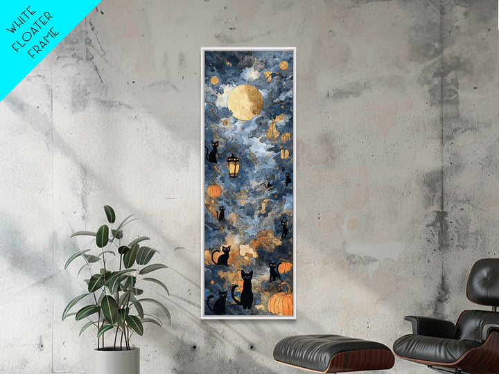 The Moonlit Cat Masquerade - Surreal Celestial Vision, Occult Wall Decor, Tall Narrow Wall Art, Canvas Print, Halloween Home Decor