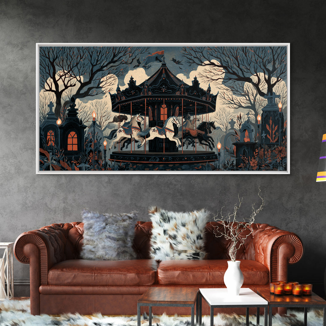 The Graveyard Carousel - Icon Portrait, Occult Wall Decor, Wide Panoramic Art, Canvas Print, Halloween Home Decor, Gothic Wall Art