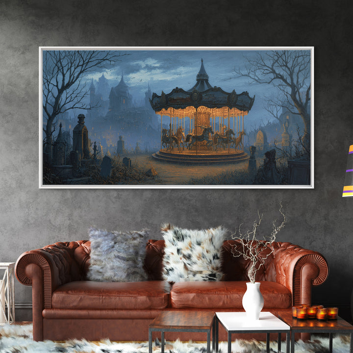 The Graveyard Carousel - Environmental Panorama, Spooky Wall Decor, Wide Panoramic Art, Framed Canvas Print, Halloween Home Decor