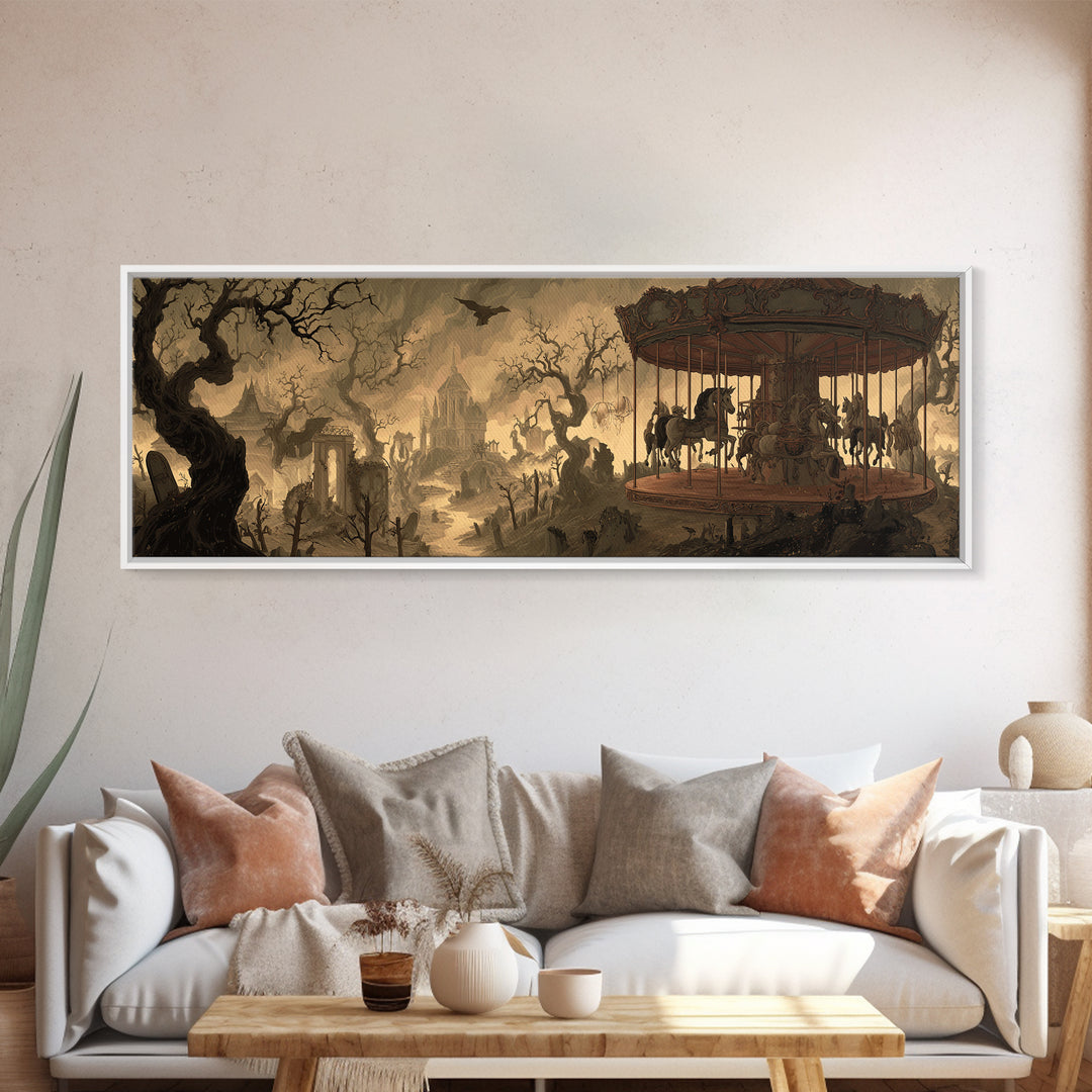 The Graveyard Carousel - Environmental Panorama, Dark Fantasy Wall Art, Extra Wide Wall Art, Canvas Print, Halloween Home Decor