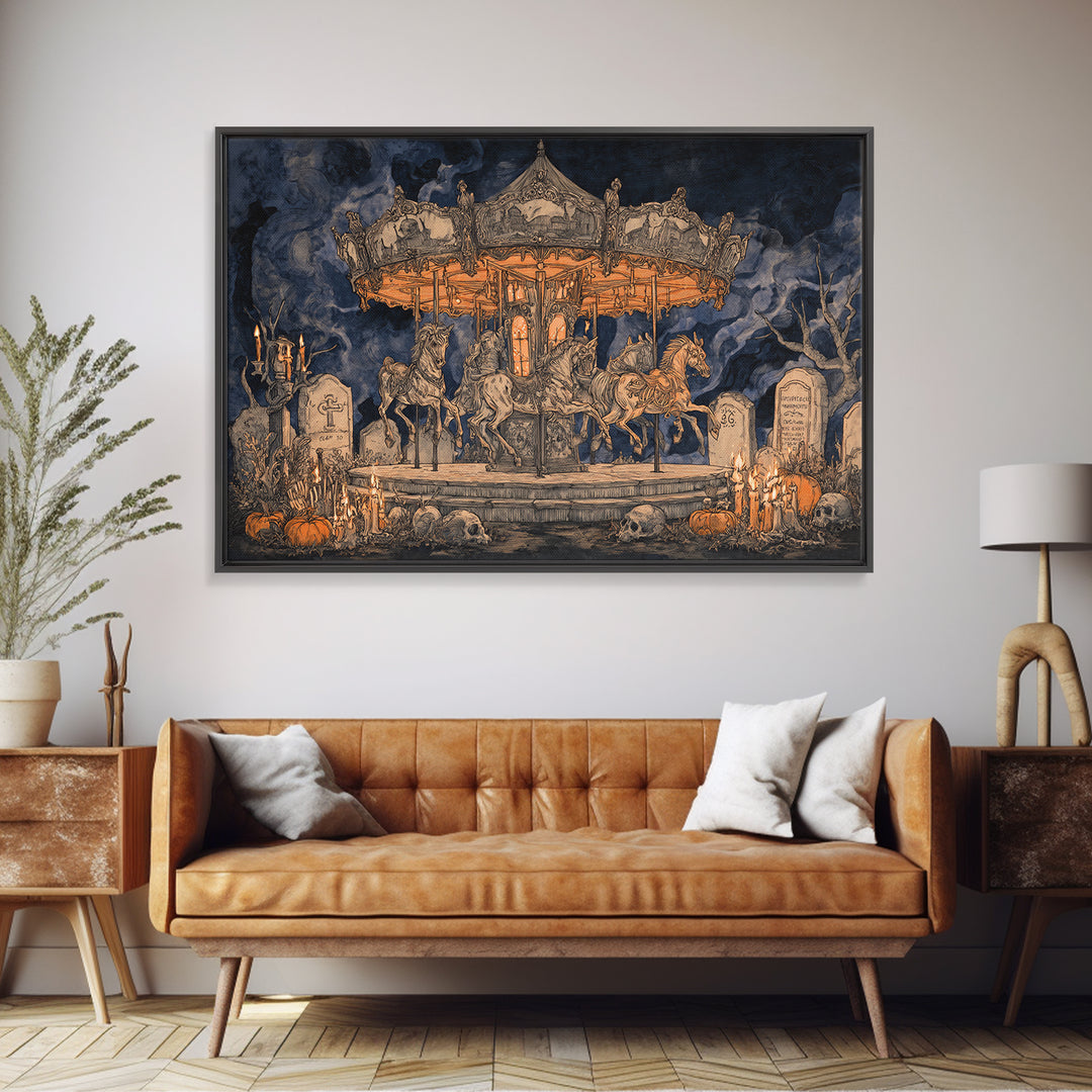 The Graveyard Carousel - Occult Still Life, Macabre Halloween Art, Landscape Wall Art, Framed Canvas Print, Halloween Home Decor