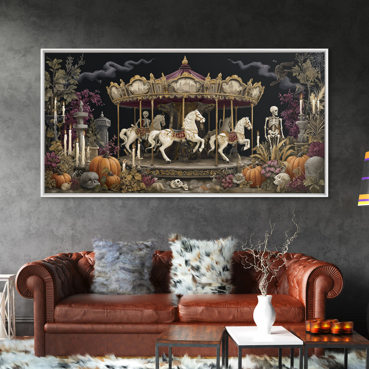 The Graveyard Carousel - Occult Still Life, Occult Wall Decor, Wide Panoramic Art, Canvas Print, Halloween Home Decor, Gothic Wall Art