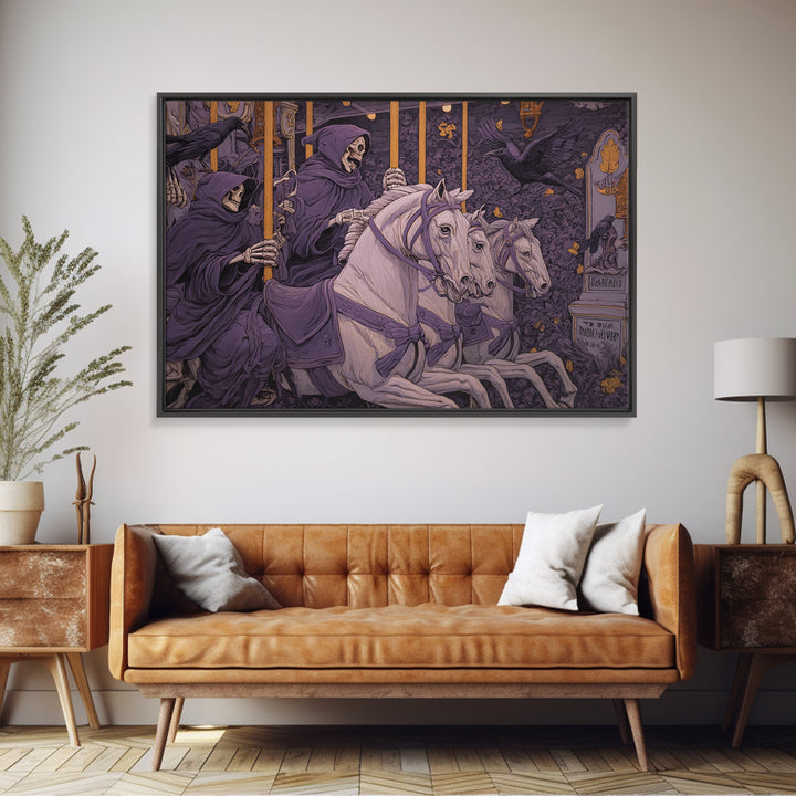 The Graveyard Carousel - Procession Scene, Macabre Halloween Art, Landscape Wall Art, Framed Canvas Print, Halloween Home Decor
