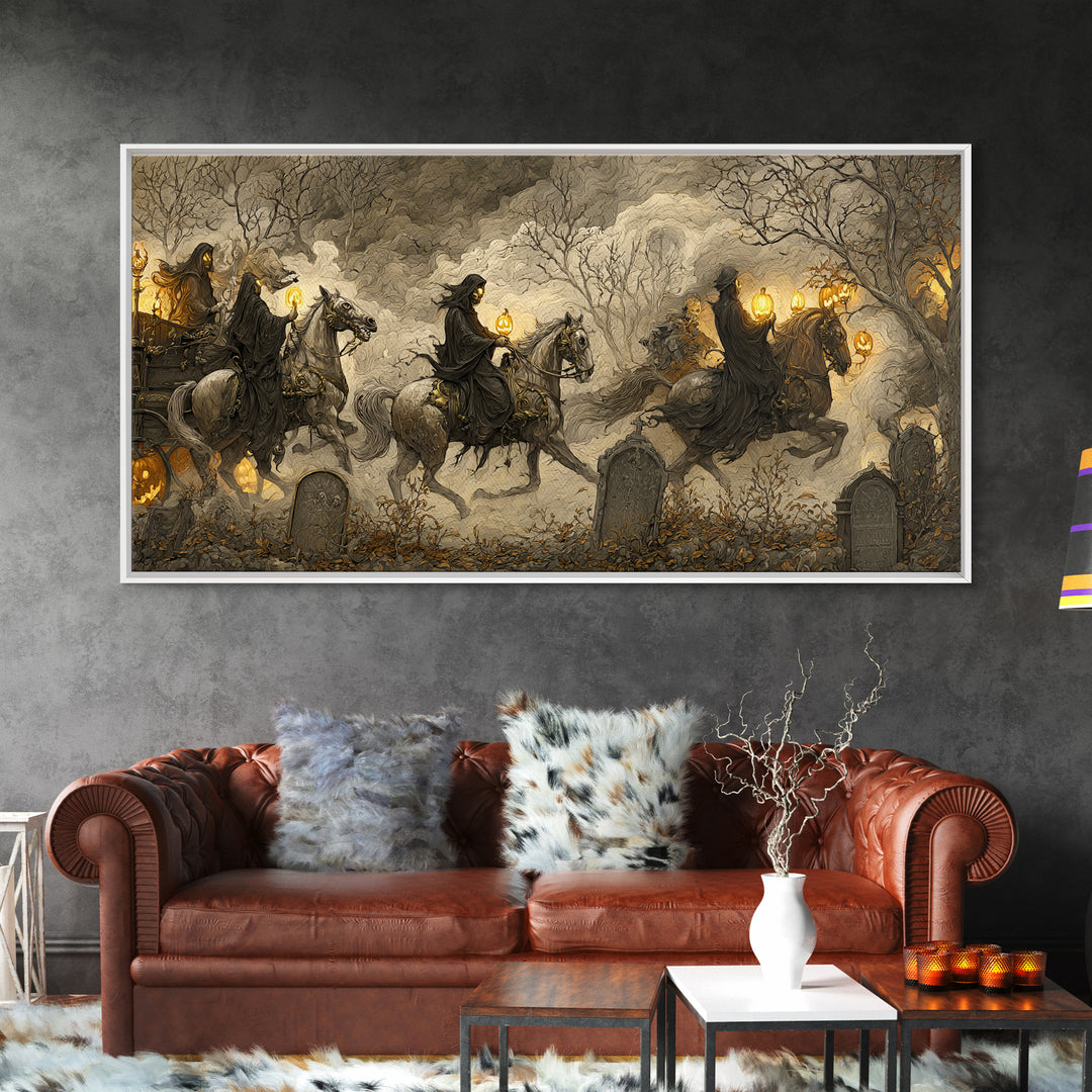 The Graveyard Carousel - Procession Scene, Halloween Wall Art, Wide Panoramic Art, Framed Canvas Print, Halloween Home Decor