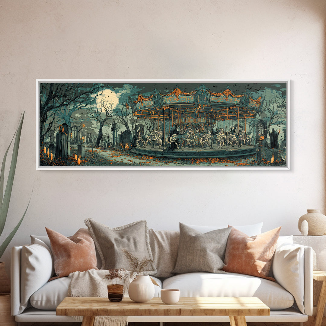 The Graveyard Carousel - Procession Scene, Halloween Wall Art, Extra Wide Wall Art, Framed Canvas Print, Halloween Home Decor