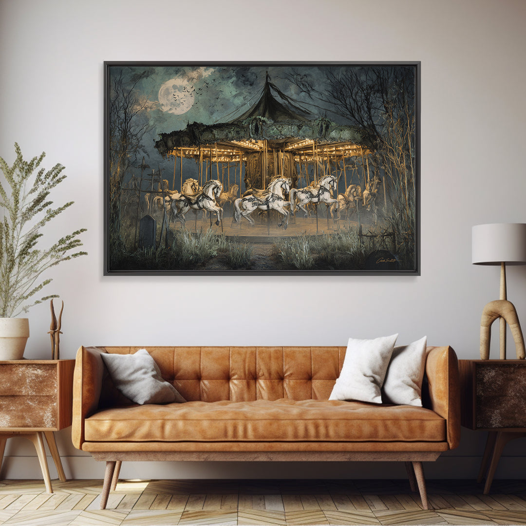 The Graveyard Carousel - Surreal Celestial Vision, Spooky Wall Decor, Landscape Wall Art, Framed Canvas Print, Halloween Home Decor