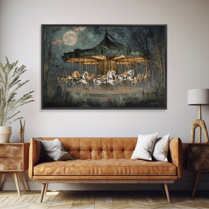 The Graveyard Carousel - Surreal Celestial Vision, Spooky Wall Decor, Landscape Wall Art, Framed Canvas Print, Halloween Home Decor
