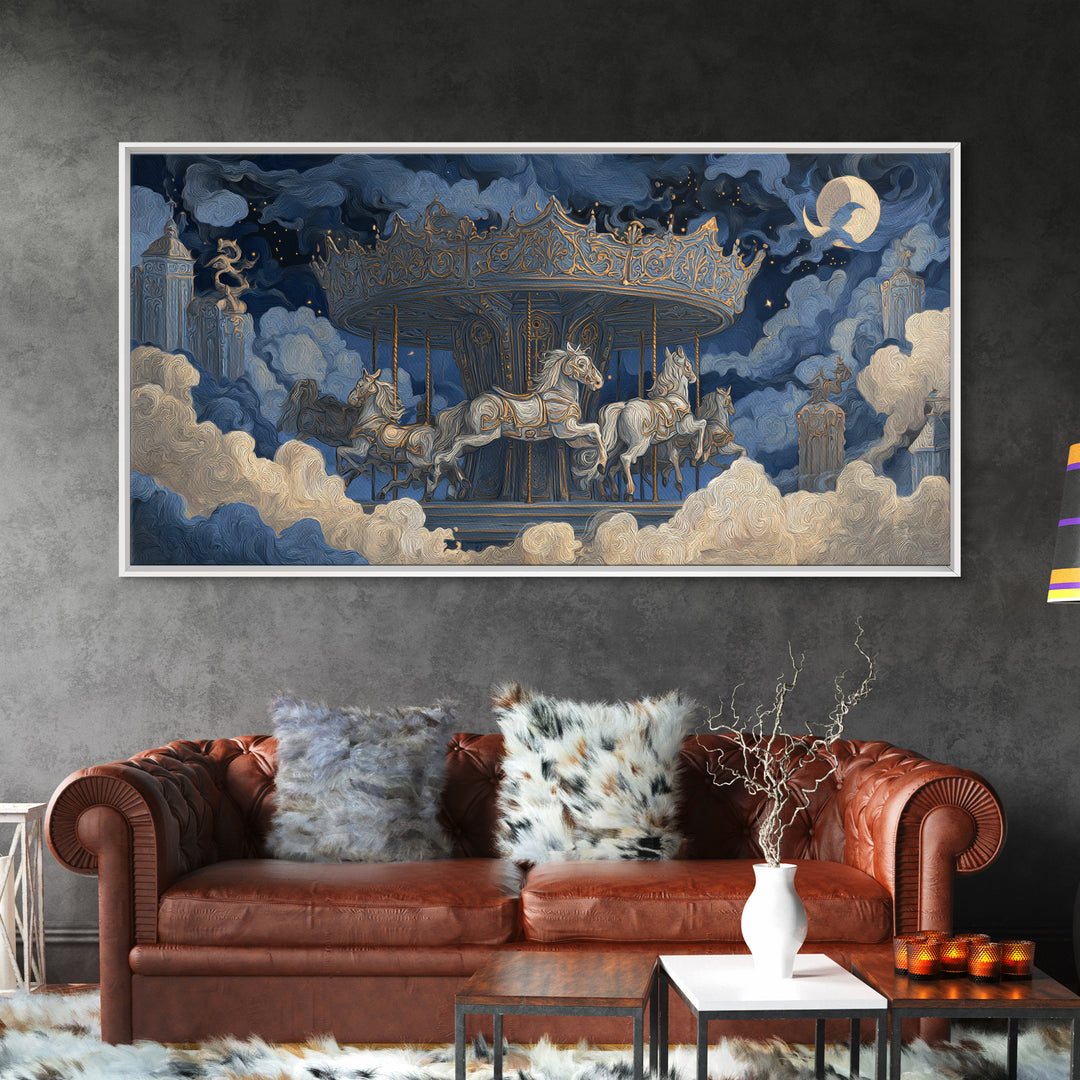 The Graveyard Carousel - Surreal Celestial Vision, Halloween Wall Art, Wide Panoramic Art, Framed Canvas Print, Halloween Home Decor