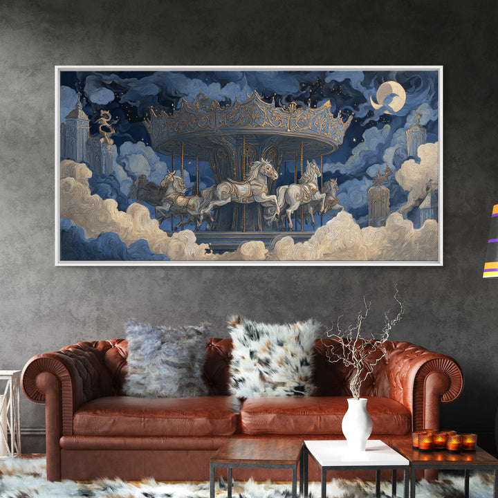 The Graveyard Carousel - Surreal Celestial Vision, Halloween Wall Art, Wide Panoramic Art, Framed Canvas Print, Halloween Home Decor