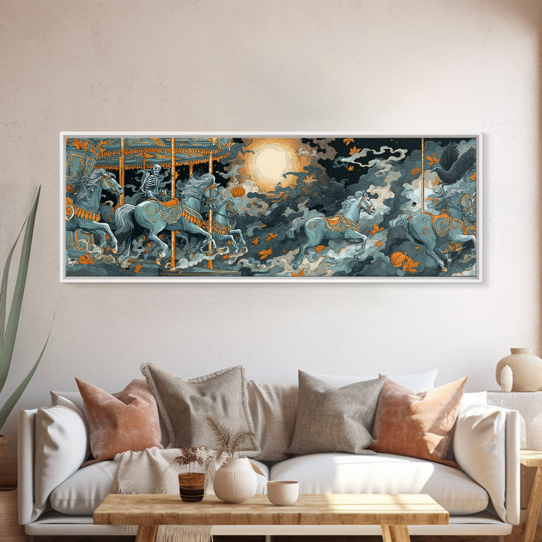The Graveyard Carousel - Surreal Celestial Vision, Spooky Wall Decor, Extra Wide Wall Art, Framed Canvas Print, Halloween Home Decor