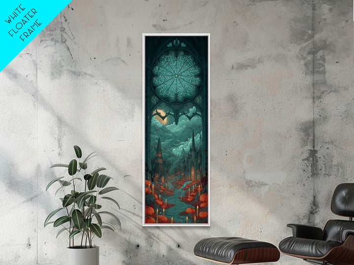 The Spiderweb Cathedral Window - Environmental Panorama, Spooky Wall Decor, Tall Narrow Wall Art, Framed Canvas Print, Halloween Home Decor