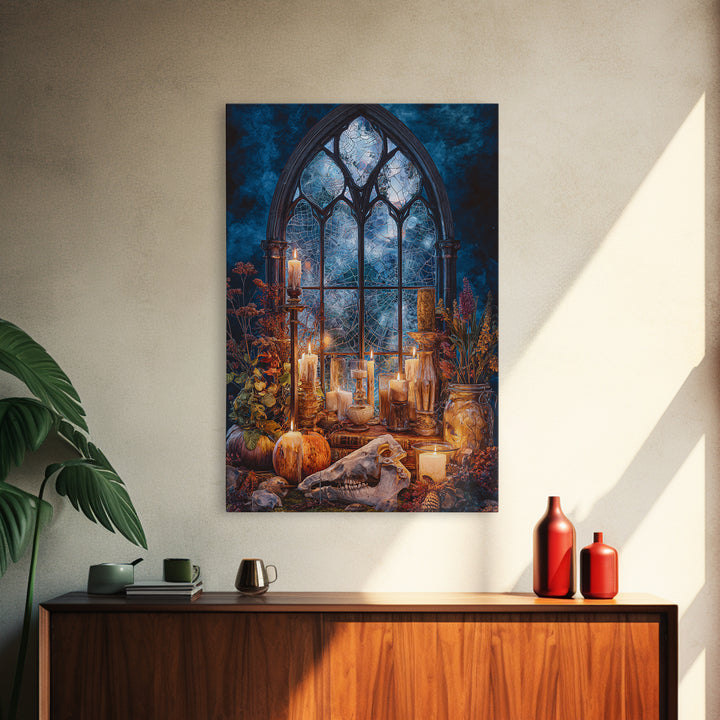 The Spiderweb Cathedral Window - Occult Still Life, Dark Fantasy Wall Art, Vertical Wall Art, Canvas Print, Halloween Home Decor