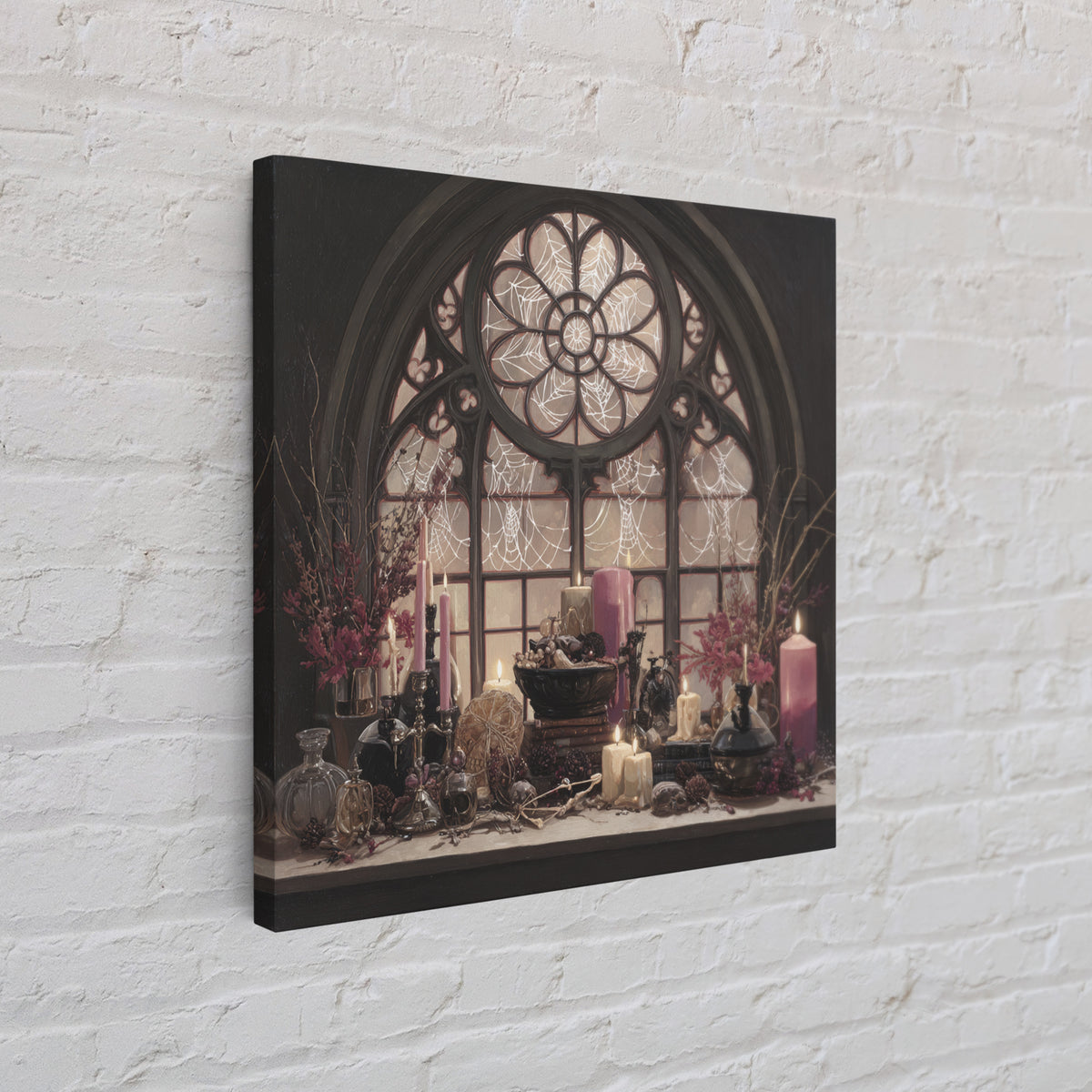 The Spiderweb Cathedral Window - Occult Still Life, Spooky Wall Decor, Square Wall Art, Framed Canvas Print, Halloween Home Decor