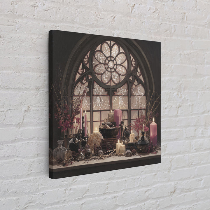 The Spiderweb Cathedral Window - Occult Still Life, Spooky Wall Decor, Square Wall Art, Framed Canvas Print, Halloween Home Decor