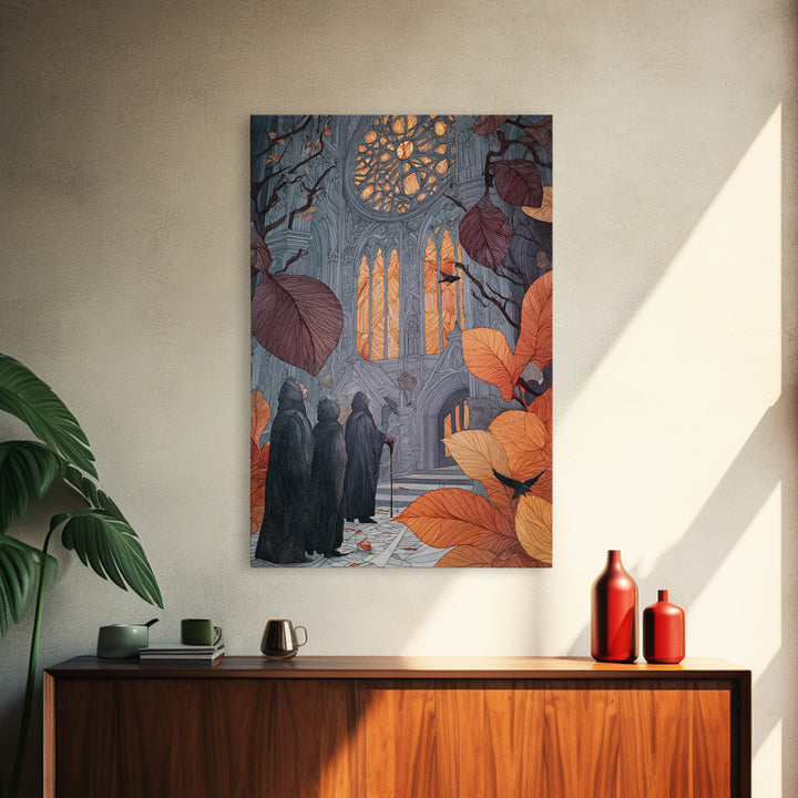 The Spiderweb Cathedral Window - Procession Scene, Halloween Wall Art, Vertical Wall Art, Framed Canvas Print, Halloween Home Decor
