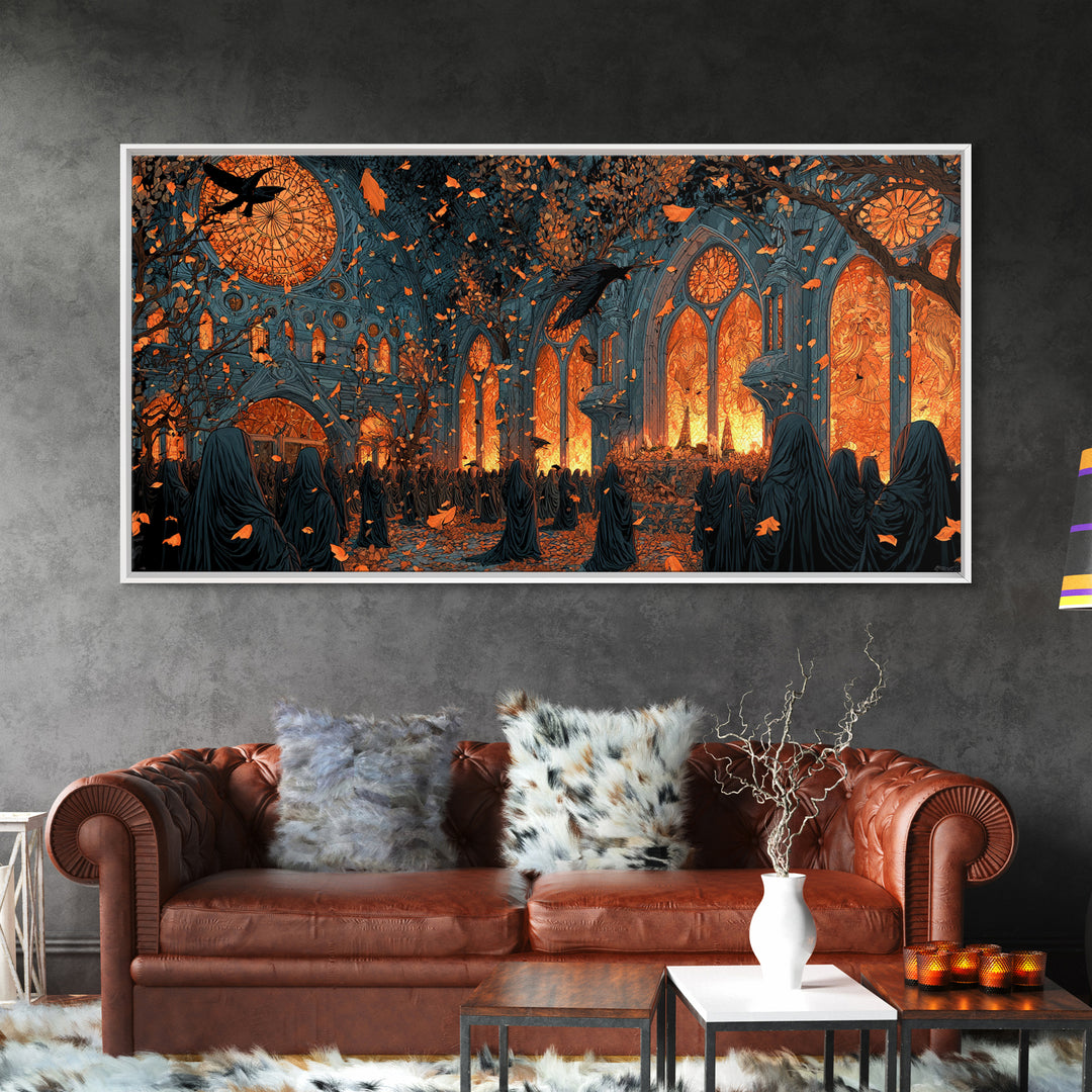 The Spiderweb Cathedral Window - Procession Scene, Occult Wall Decor, Wide Panoramic Art, Canvas Print, Halloween Home Decor