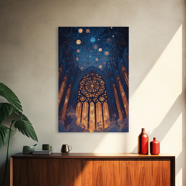The Spiderweb Cathedral Window - Surreal Celestial Vision, Gothic Home Decor, Vertical Wall Art, Canvas Print, Halloween Home Decor