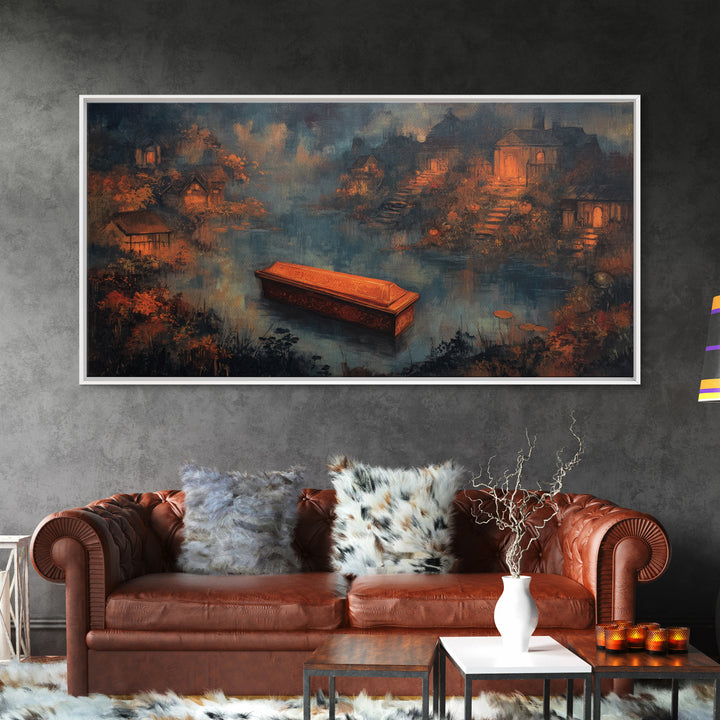 The Floating Coffin Garden - Environmental Panorama, Occult Wall Decor, Wide Panoramic Art, Canvas Print, Halloween Home Decor