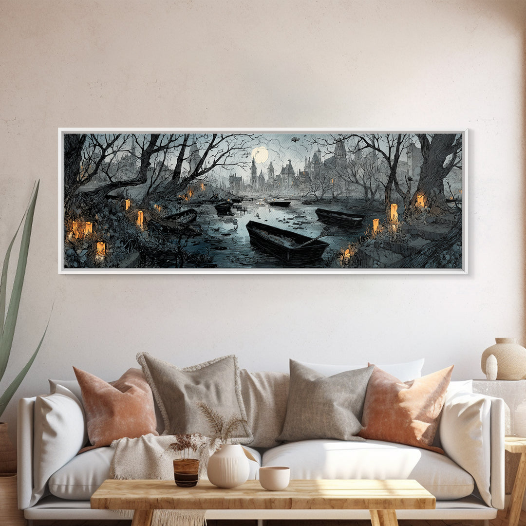 The Floating Coffin Garden - Environmental Panorama, Dark Fantasy Wall Art, Extra Wide Wall Art, Canvas Print, Halloween Home Decor