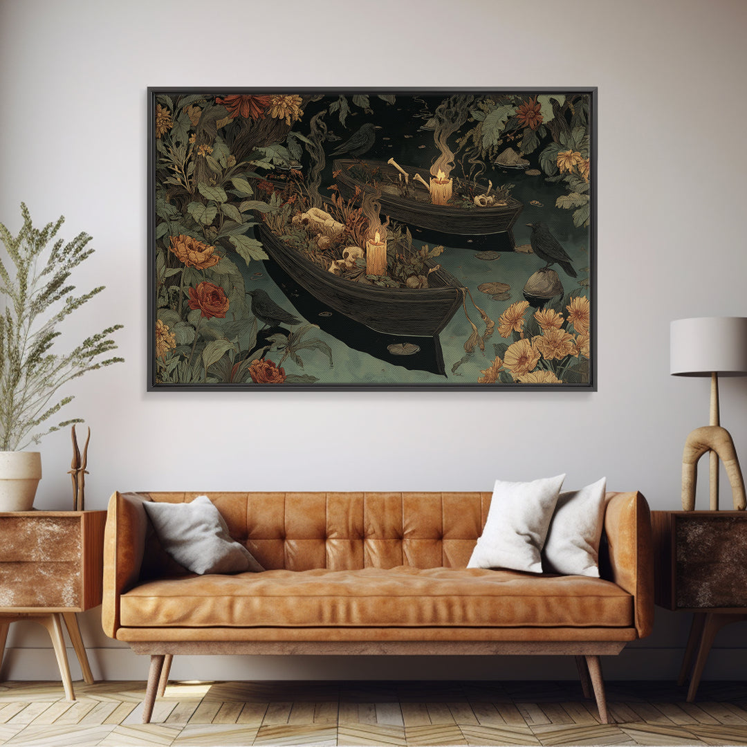 The Floating Coffin Garden - Occult Still Life, Spooky Wall Decor, Landscape Wall Art, Framed Canvas Print, Halloween Home Decor
