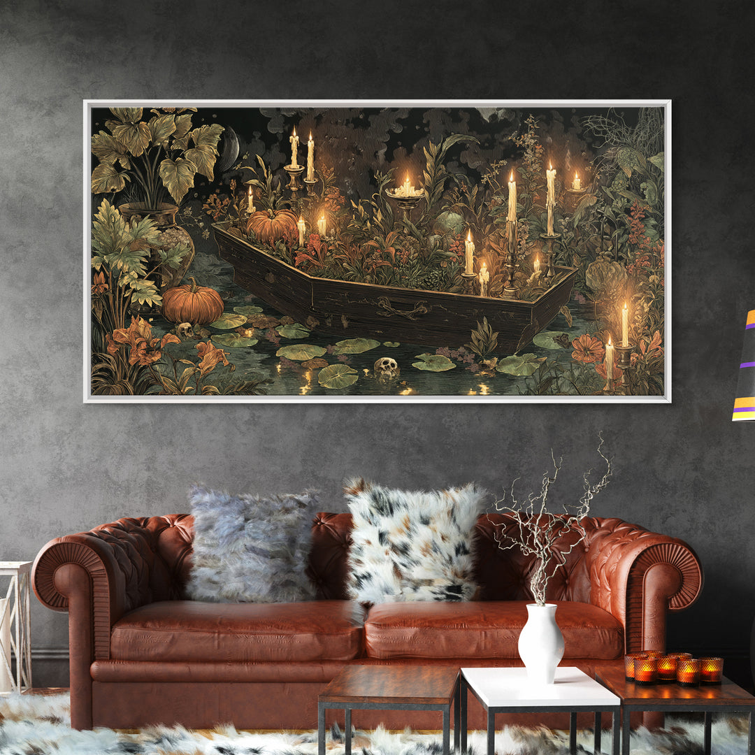 The Floating Coffin Garden - Occult Still Life, Spooky Wall Decor, Wide Panoramic Art, Framed Canvas Print, Halloween Home Decor