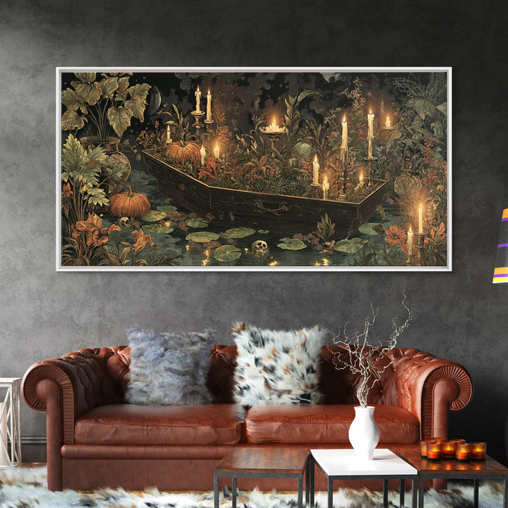 The Floating Coffin Garden - Occult Still Life, Spooky Wall Decor, Wide Panoramic Art, Framed Canvas Print, Halloween Home Decor
