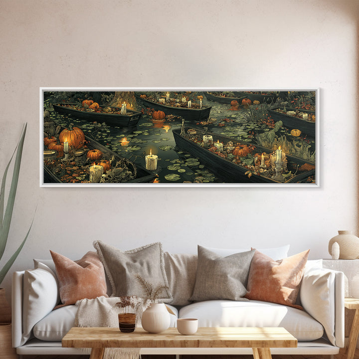 The Floating Coffin Garden - Occult Still Life, Spooky Wall Decor, Extra Wide Wall Art, Framed Canvas Print, Halloween Home Decor