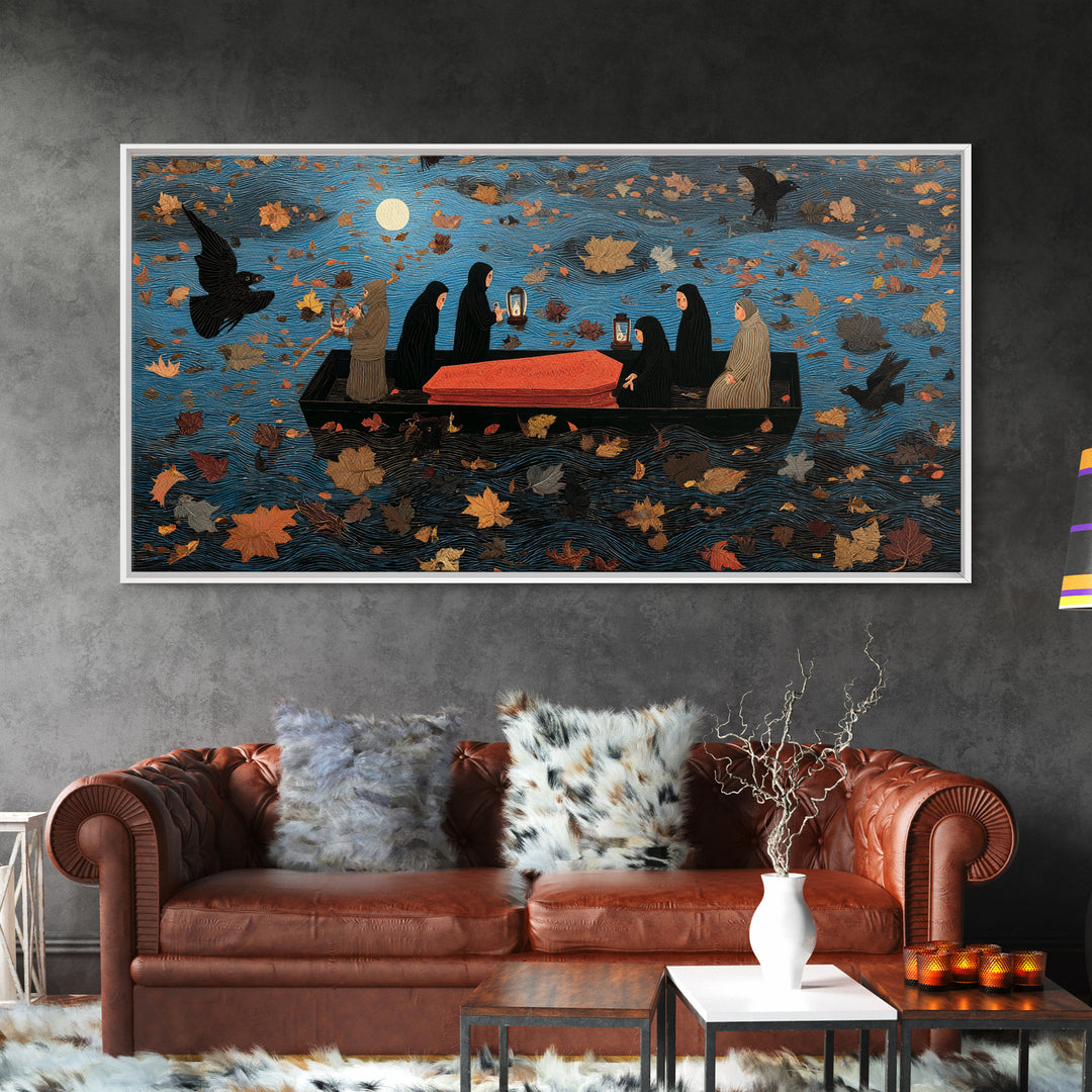 The Floating Coffin Garden - Procession Scene, Macabre Halloween Art, Wide Panoramic Art, Framed Canvas Print, Halloween Home Decor