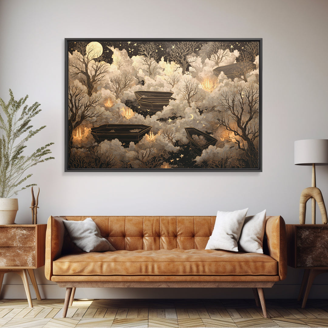 The Floating Coffin Garden - Surreal Celestial Vision, Macabre Halloween Art, Landscape Wall Art, Framed Canvas Print, Halloween Home Decor