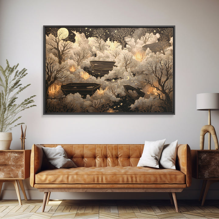 The Floating Coffin Garden - Surreal Celestial Vision, Macabre Halloween Art, Landscape Wall Art, Framed Canvas Print, Halloween Home Decor