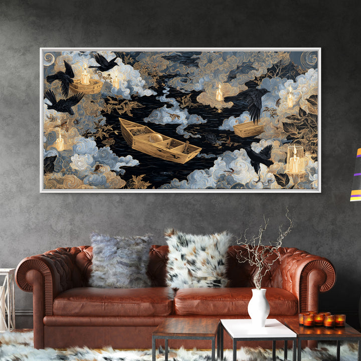 The Floating Coffin Garden - Surreal Celestial Vision, Halloween Wall Art, Wide Panoramic Art, Framed Canvas Print, Halloween Home Decor