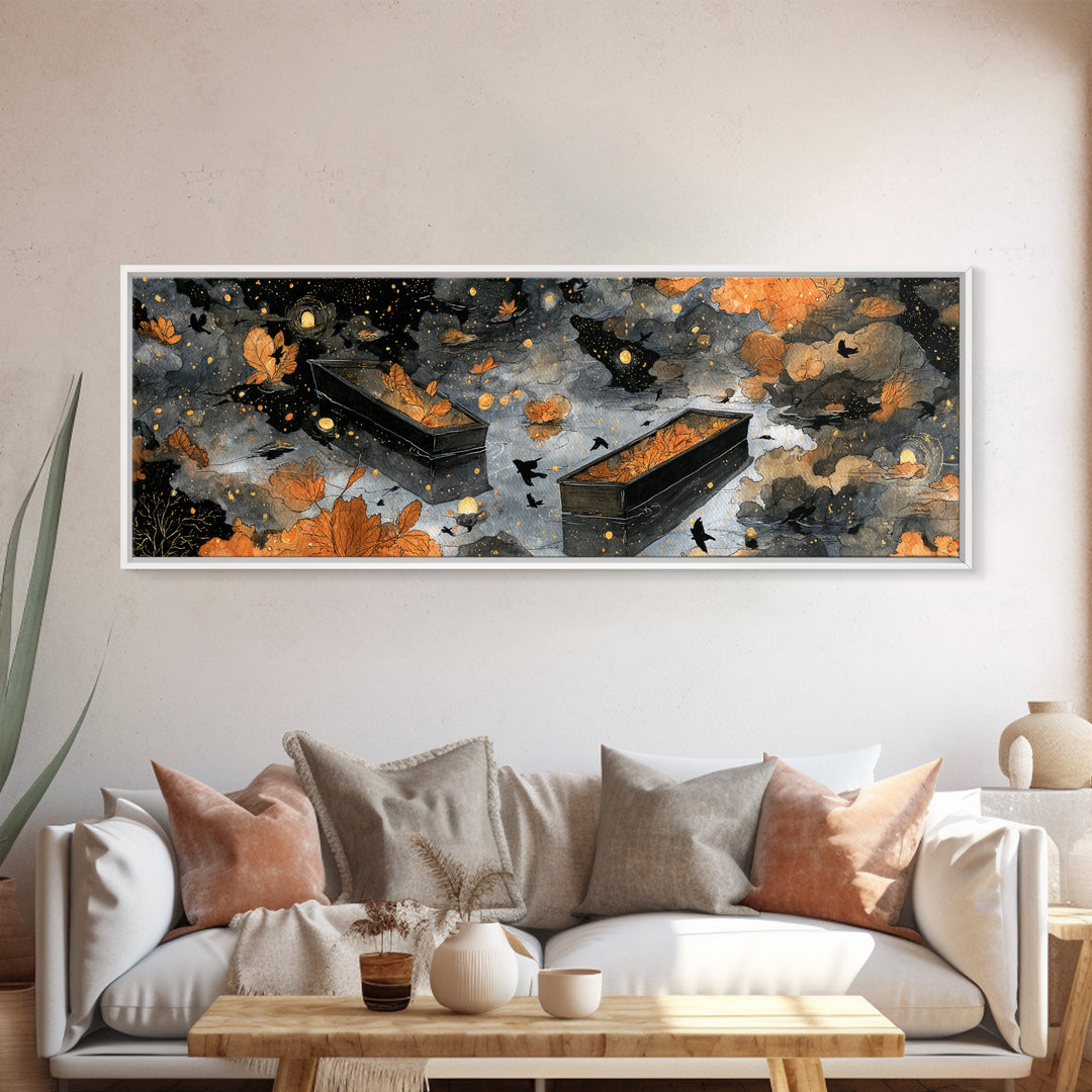 The Floating Coffin Garden - Surreal Celestial Vision, Spooky Wall Decor, Extra Wide Wall Art, Framed Canvas Print, Halloween Home Decor