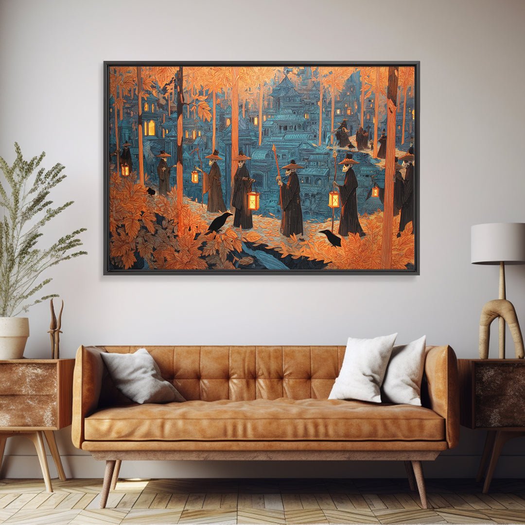 The Autumn Reaper Parade - Environmental Panorama, Macabre Halloween Art, Landscape Wall Art, Framed Canvas Print, Halloween Home Decor