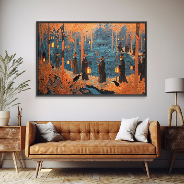 The Autumn Reaper Parade - Environmental Panorama, Macabre Halloween Art, Landscape Wall Art, Framed Canvas Print, Halloween Home Decor