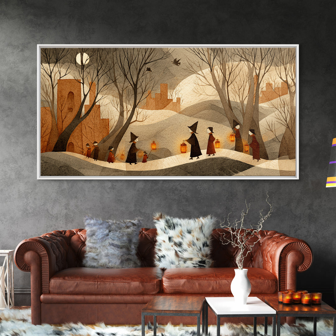 The Autumn Reaper Parade - Environmental Panorama, Spooky Wall Decor, Wide Panoramic Art, Framed Canvas Print, Halloween Home Decor