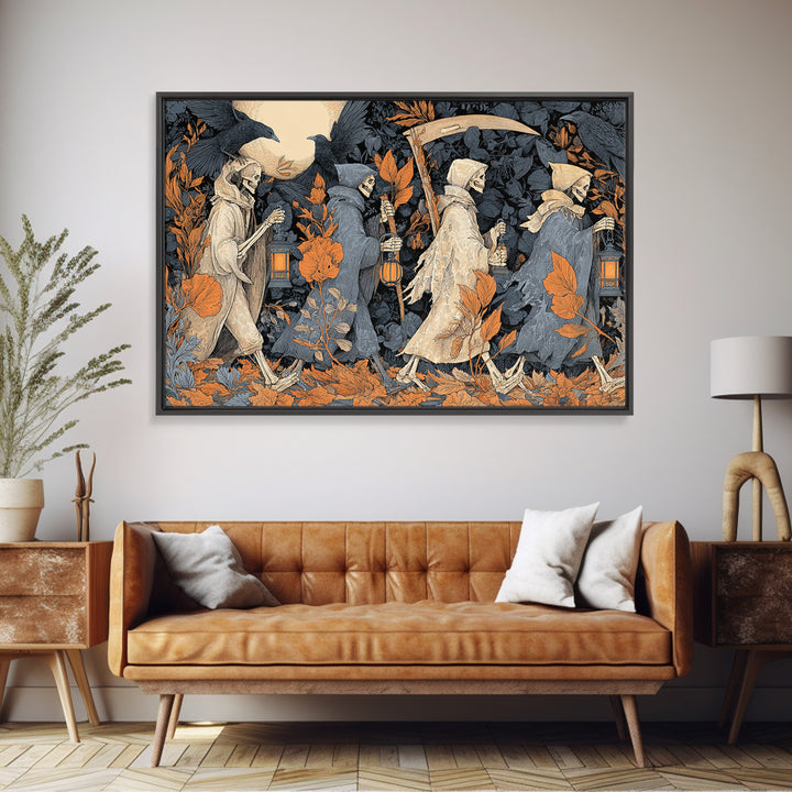 The Autumn Reaper Parade - Occult Still Life, Halloween Wall Art, Landscape Wall Art, Framed Canvas Print, Halloween Home Decor