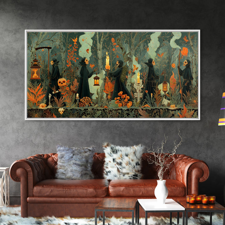 The Autumn Reaper Parade - Occult Still Life, Occult Wall Decor, Wide Panoramic Art, Canvas Print, Halloween Home Decor, Gothic Wall Art