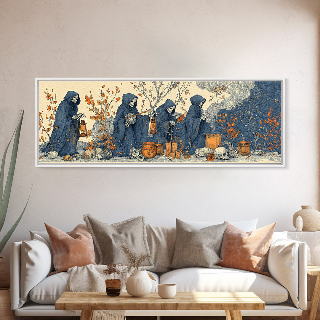 The Autumn Reaper Parade - Occult Still Life, Halloween Wall Art, Extra Wide Wall Art, Framed Canvas Print, Halloween Home Decor