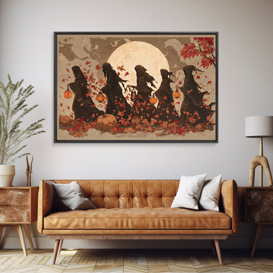 The Autumn Reaper Parade - Procession Scene, Macabre Halloween Art, Landscape Wall Art, Framed Canvas Print, Halloween Home Decor