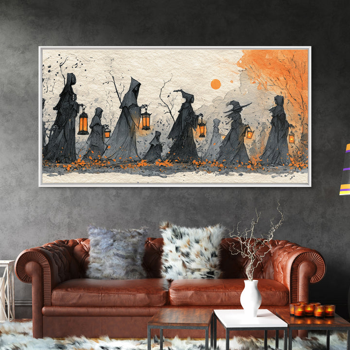 The Autumn Reaper Parade - Procession Scene, Spooky Wall Decor, Wide Panoramic Art, Framed Canvas Print, Halloween Home Decor