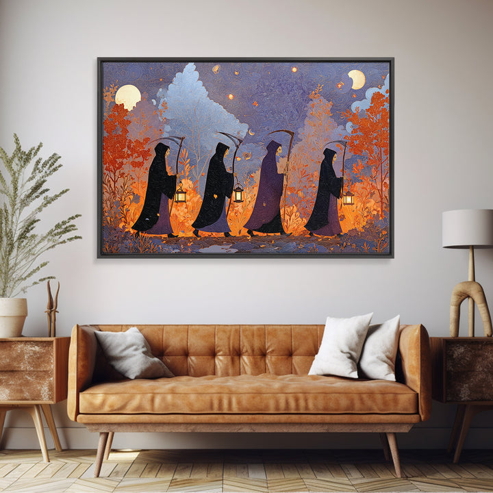 The Autumn Reaper Parade - Surreal Celestial Vision, Spooky Wall Decor, Landscape Wall Art, Framed Canvas Print, Halloween Home Decor