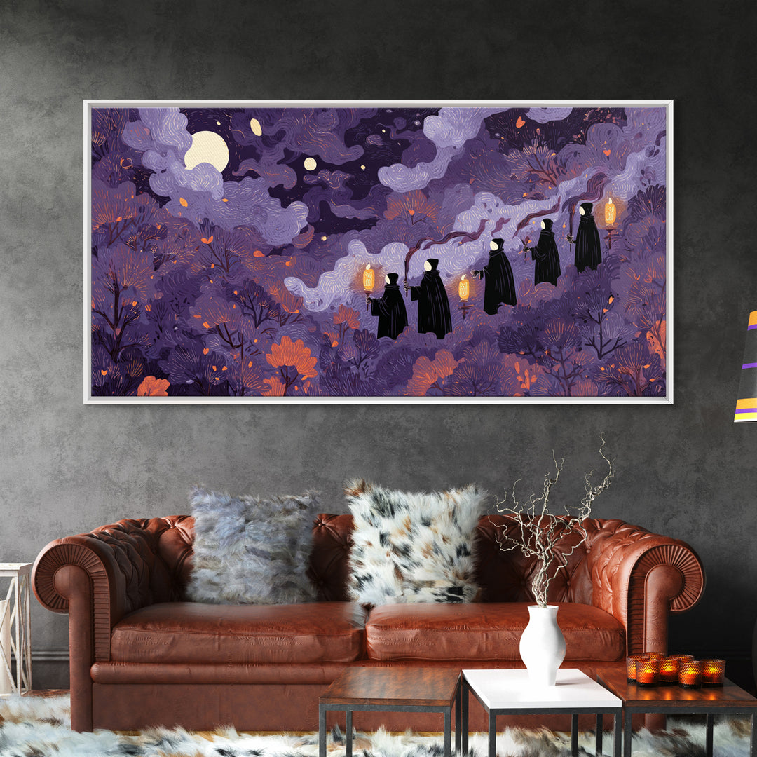 The Autumn Reaper Parade - Surreal Celestial Vision, Gothic Home Decor, Wide Panoramic Art, Canvas Print, Halloween Home Decor