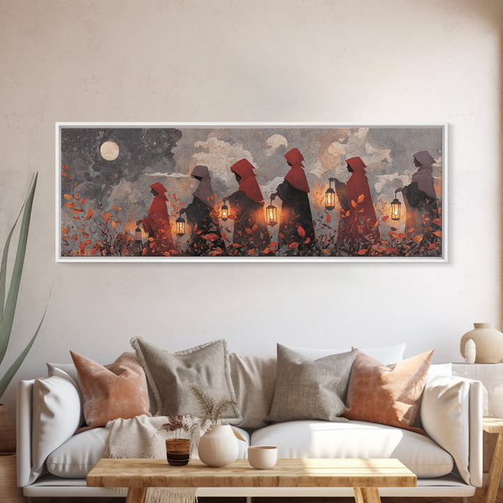 The Autumn Reaper Parade - Surreal Celestial Vision, Spooky Wall Decor, Extra Wide Wall Art, Framed Canvas Print, Halloween Home Decor