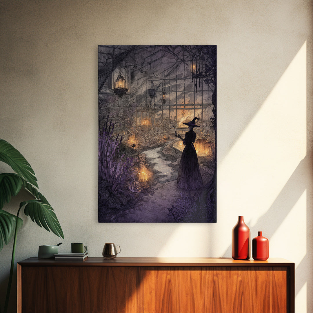 The Witch Queen Greenhouse - Environmental Panorama, Halloween Wall Art, Vertical Wall Art, Framed Canvas Print, Halloween Home Decor