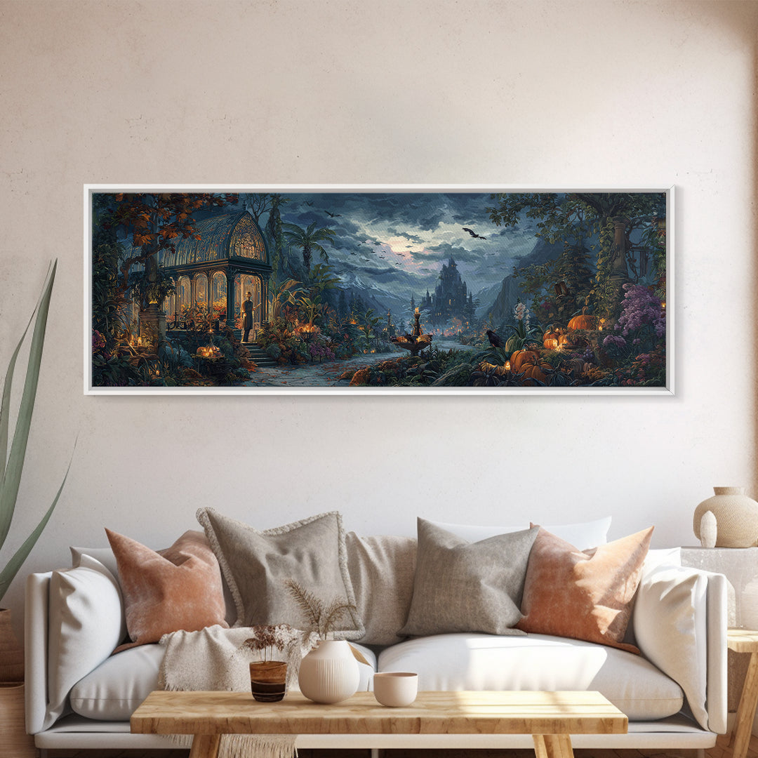 The Witch Queen Greenhouse - Environmental Panorama, Dark Fantasy Wall Art, Extra Wide Wall Art, Canvas Print, Halloween Home Decor